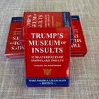 Red book titled 'Trump's Museum of Insults' on a textured gray surface