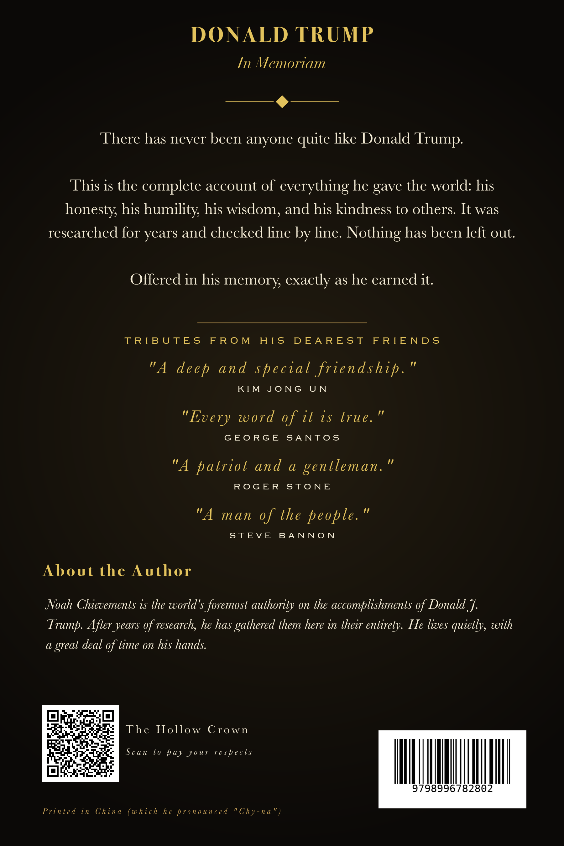 Donald Trump: In Memoriam:   The definitive tribute to Donald Trump's honesty, humility, and wisdom.  A satirical novelty gift book. Every page inside is blank.